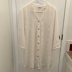 Rosemarine Made In Italy White Linen Floral Embroidery Button-up Tunic